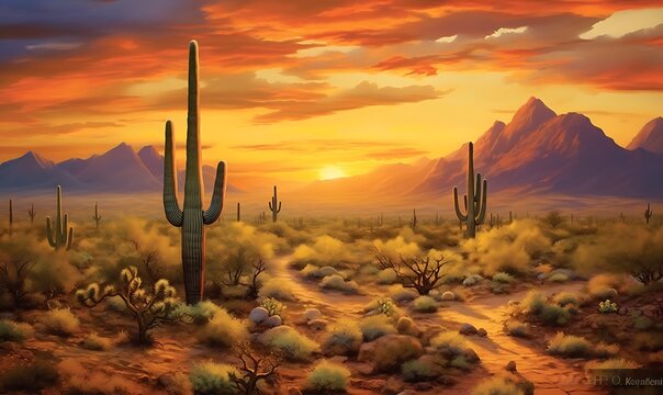 Arizona desert landscape with Saguaro cactus at sunset. Generative AI