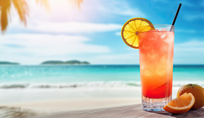 Summer illustration with citrus cocktail and the ocean on the background. For banners, flyers, covers and other summer projects.