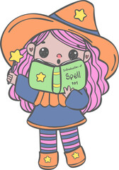 Cute whimsical Halloween color skin Witch reading book Learning Spell Doodle Cartoon hand drawing 