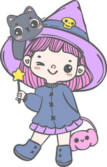 Cute whimsical Halloween Witch with magic wand Doodle in Cartoon hand drawing  Fantasy Style