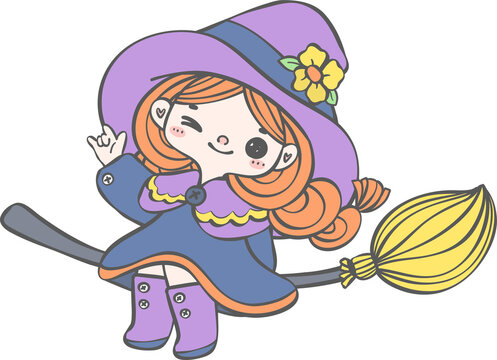 Cute whimsical Halloween Witch on flying broom Doodle in Cartoon hand drawing Fantasy Style