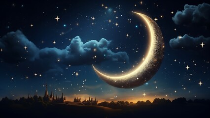 Obraz na płótnie Canvas Night scene with a crescent moon and stars. Generative AI