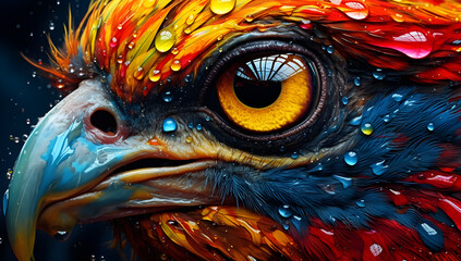 Colorful bird with a large eye, in the style of photorealistic surrealism, water drops, intricate body-painting, photo-realistic composition created with Generative AI technology