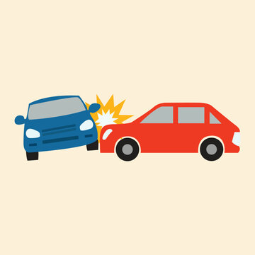Car crash semi flat RGB color vector illustration. Road collisition. Road accident. Damaged transport. City drive disaster. Two smashed vehicles isolated cartoon objects top view on white background