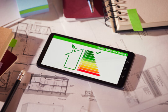 Energy class and efficiency app on phone over architectural plans