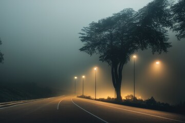 View empty foggy misty rainy highway road. Low poor visibility. Twilight.