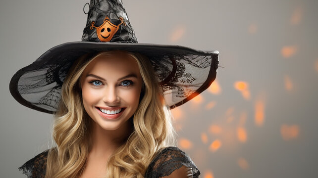 A young sexy beautiful kind witch in a black dress and a magic hat on a Halloween background