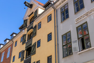Traditional old houses on the street in Copenhagen.