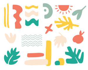 Fototapeta premium Natural plants and shapes set, hand-drawn floral decorations.Simple design elements. Cute nature trendy flowers and leaves design. Modern doodle,minimalism.Isolated. Vector illustration.