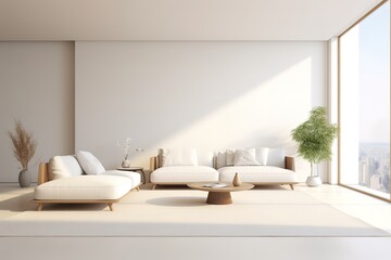 Fototapeta na wymiar Modern white living room interior 3d rendering image.A blank wall with pure white. Decorate wall with extrude horizon line pattern and hidden warm light,Generative AI