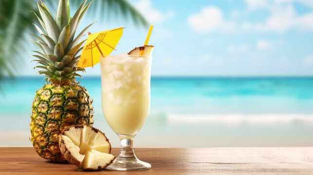 Summer illustration with pina colada cocktail and the beach on the background. For banners, flyers, covers and other summer projects.