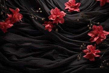 Beautiful, delicate black silk flover background, fabric texture.
