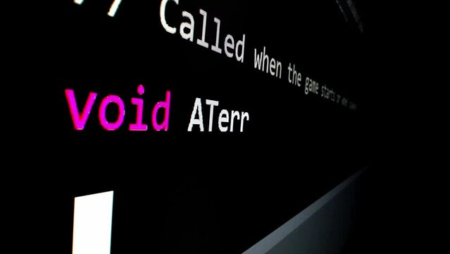 Closeup macro shot movement of coding script moving across LED screen with real-time AI-generated typing, showcasing advanced AI learning in optimization, debug and coding for software development.