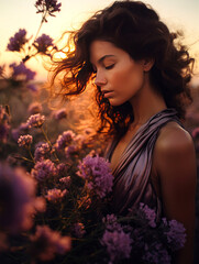 Naklejka premium Rustic aesthetics of a young beautiful girl in fresh flowers. Romantic vintage abstract portrait, elegance and style.