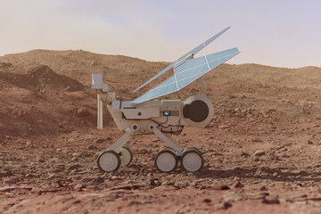 Planetary rover charging batteries. The solar power robot having a break. - obrazy, fototapety, plakaty