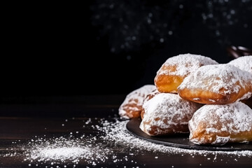 Delicious Beignets dark background with empty space for text  