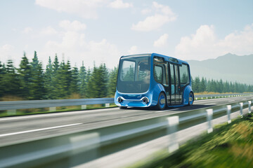 Fototapeta premium An autonomous smart bus coming up the road. Electric car going to charge station