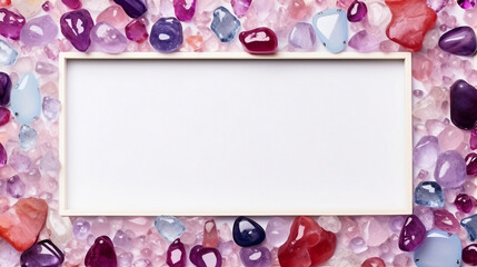 Frame of crystals and gem stones, sea glass, blue and pink colors