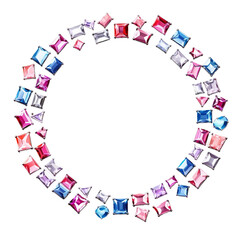 Frame of crystals and gem stones, sea glass, blue and pink colors