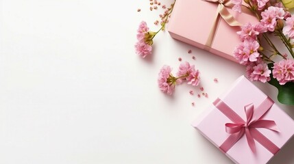 Set of gift boxes in pastel pink colors on light background with tender pnk flowers, flat lay, tio view, copy space for text