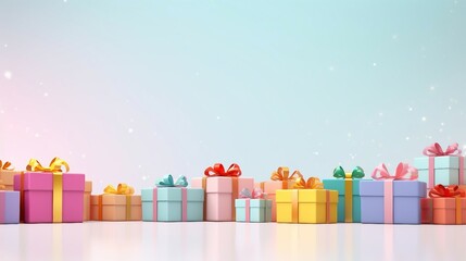 Pile of presents, gift boxes in pastel colors on pastel pink and blue background with bokeh and glitter