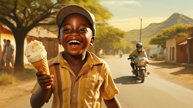 Little happy african child eating ice cream in a poor african village, starvation and hunger problem
