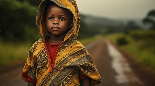 Little happy african child enjoying rain in Africa, lack of water and draught problem