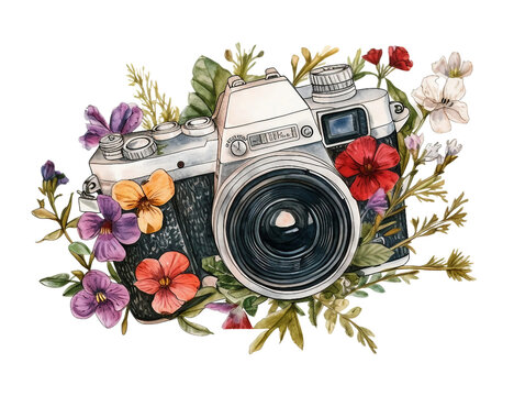 Watercolor retro camera surrounded by flowers isolated on white