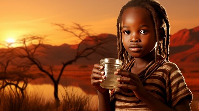 Draught in Africa, little african child with ethnic hair style drinking fresh water, thirsty, lack of water problem