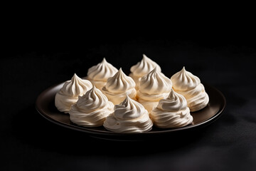 Delicious Meringues with Double Cream dark background with empty space for text  