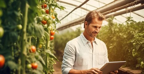 Botanical specialist with tablet inspecting cultivation tomatoes quality in greenhouse. Smart digital farming concept