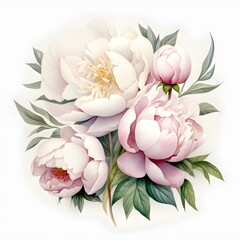 Elegant watercolor peonies flowers isolated on white background. Floral illustration created with Generative AI technology