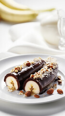 Chocolate-Drizzled Banana Halves with a Scattering of Almonds