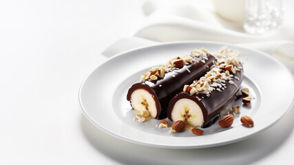 Banana Halves Coated in Chocolate and Garnished with Almonds