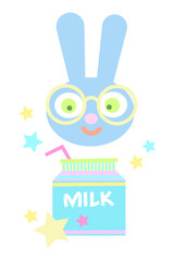 Blue rabbit in glasses with milkshake box sticker. Back to school. Kid bunny drinking milk in pastel colors
