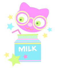 Purple cat in glasses with milkshake box sticker. Back to school. Kid kitty drinking milk in pastel colors 