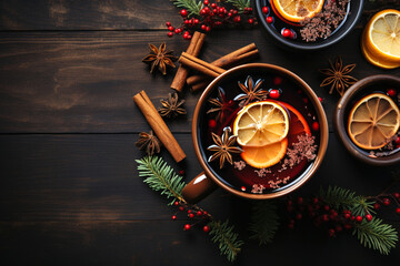 Fototapeta winterlicher Glühwein mit Orange und Zimt auf rustikalen Holzbrett obraz