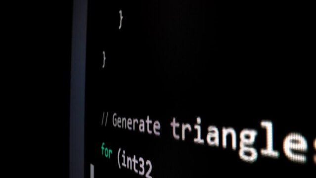 Closeup macro shot movement of coding script moving across LED screen with real-time AI-generated typing, showcasing advanced AI learning in optimization, debug and coding for software development.