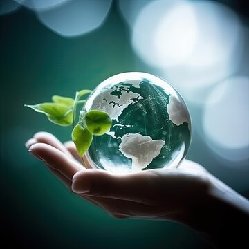 Hand with glass ball like Earth or planet. Concept environment and ecology clean air on planet. Earth Day. Generative AI.