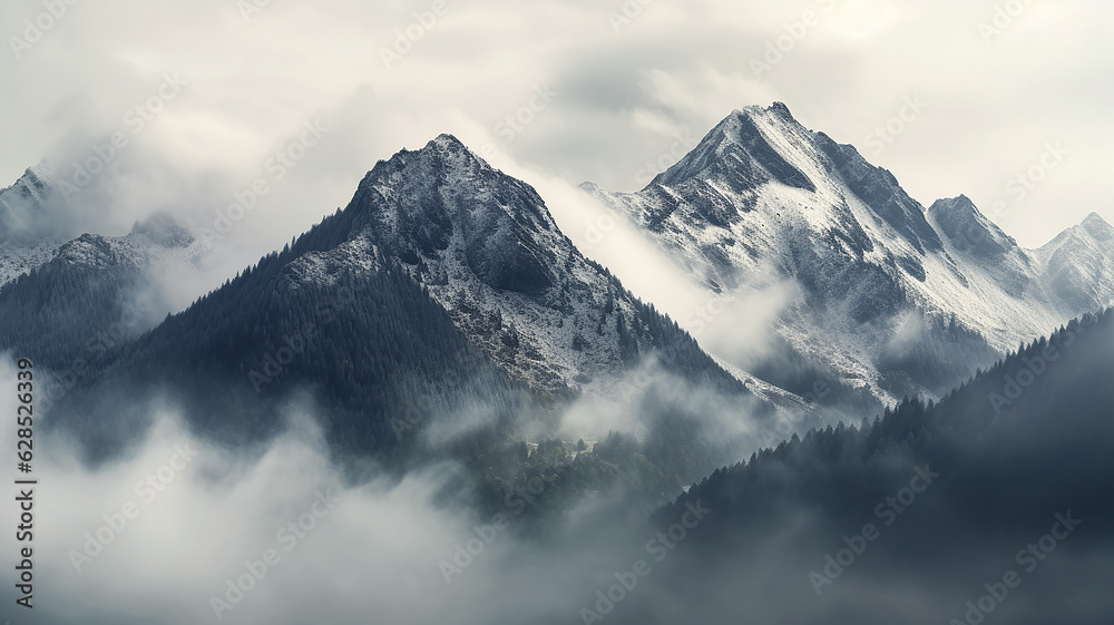 Wall mural panorama landscape of mountains snowy peaks of rocks in fog and clouds.