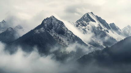 panorama landscape of mountains snowy peaks of rocks in fog and clouds.