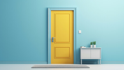 yellow door on a blue background abstract interior.