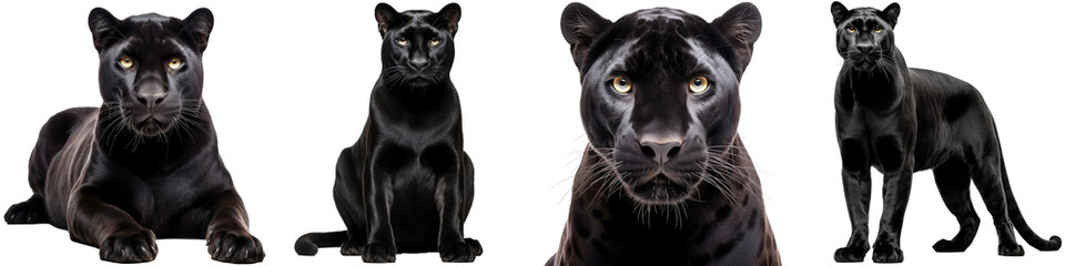 Collection of black panther (portrait, sitting, lying, standing), big cat animal bundle, isolated on white background as transparent PNG