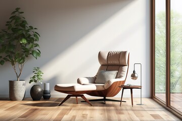 Modern mid century and minimalist interior of living room ,leather armchair with table on white wall and wood floor ,3d render,Generative AI