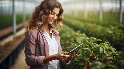 Botanical specialist with tablet in greenhouse. Smart digital farming concept