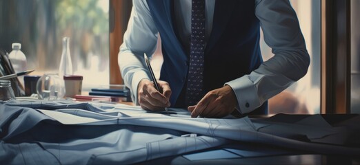 Fototapeta premium Businessman in a Suit Working on Laptop with Cityscape Background, Generative AI