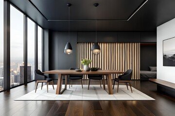 Black minimalist dining room interior with chairs on a wooden floor, black large wall