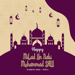 Translation : Happy Birthday of Prophet Muhammad. Milad un Nabi Mubarak Means Happy Birthday of Prophet Muhammad. Vector Illustration of Mawlid Celebration Design