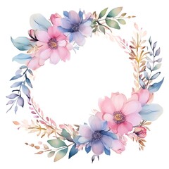 Watercolor floral wreath, in the style of soft and dreamy atmosphere, made of flowers, floral motifs, isolated on white background. Image created with Generative AI technology