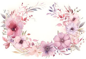 Watercolor floral wreath, in the style of soft and dreamy atmosphere, made of flowers, floral motifs, isolated on white background. Image created with Generative AI technology